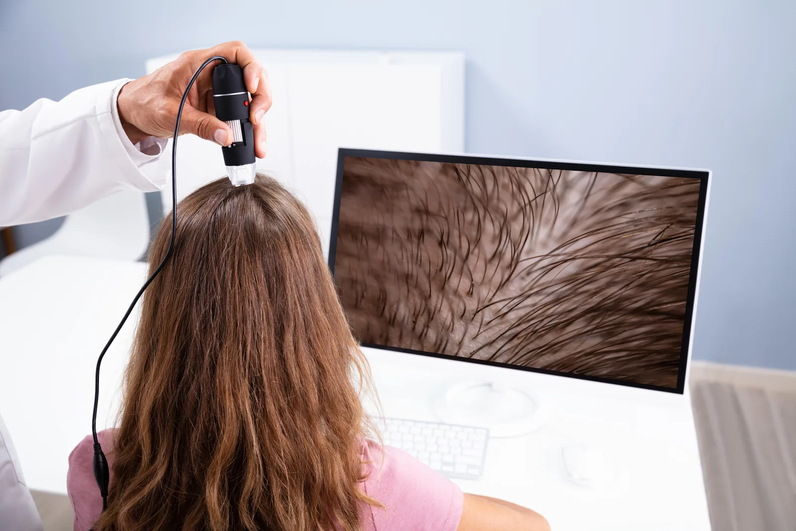 Dermatologe verwendet Trichoskop zur Untersuchung der Kopfhaut auf Haarausfall