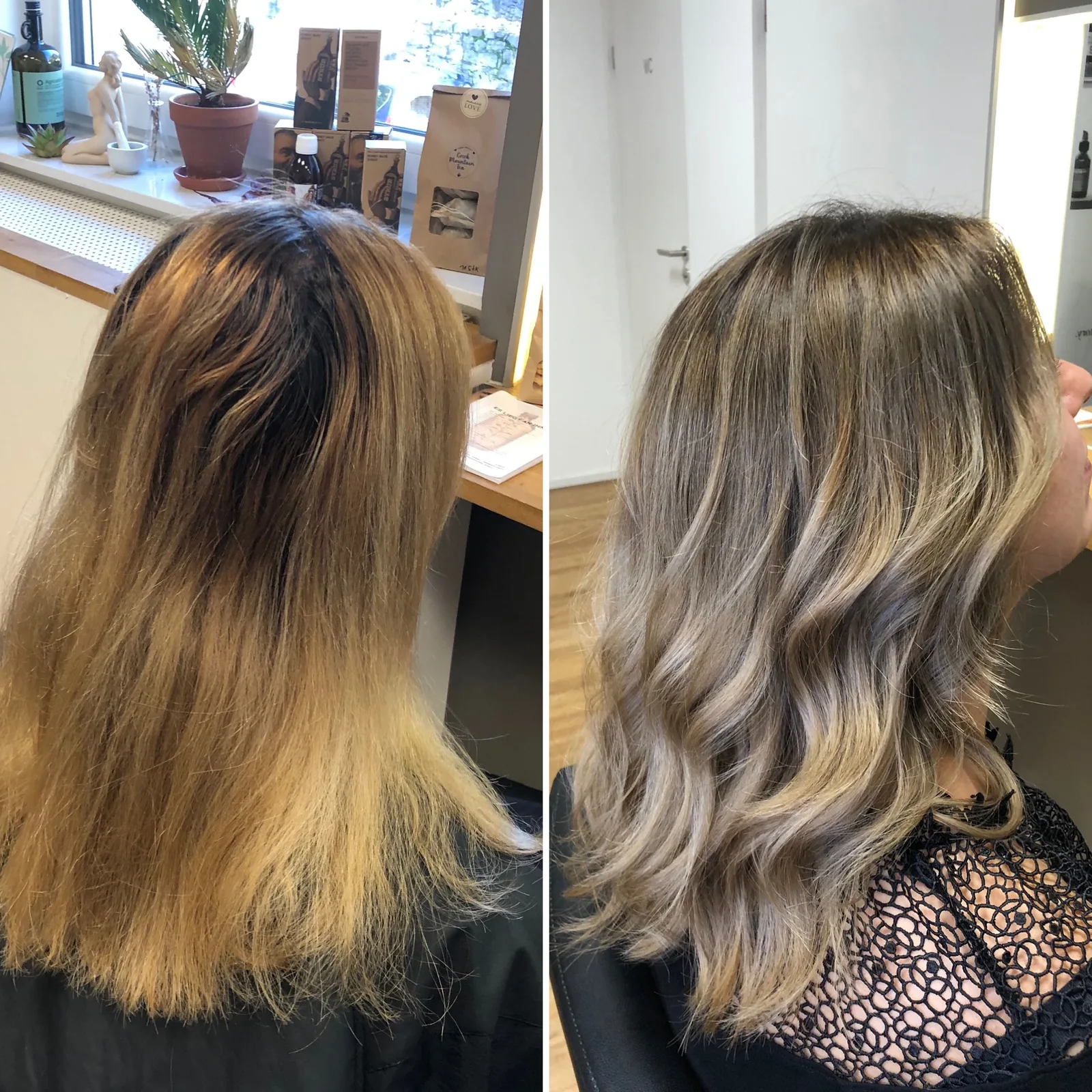 Vorher Nachher Soft Blonde Farbergebnis im ADEVE Organic Salon Waiblingen